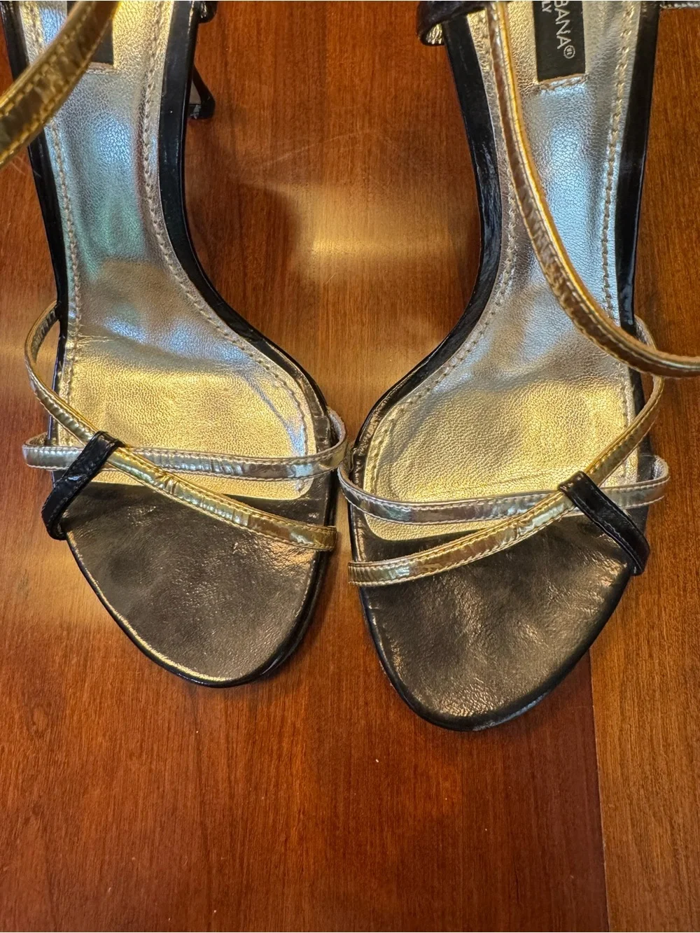 VINTAGE Dolce & Gabbana Gold and Black Strappy Slingback Heels